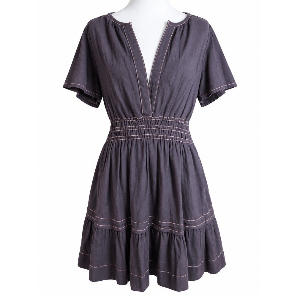 Anthropologie Black Smocked Waist Tiered Midi Dress Contrast Stitching Large NWT